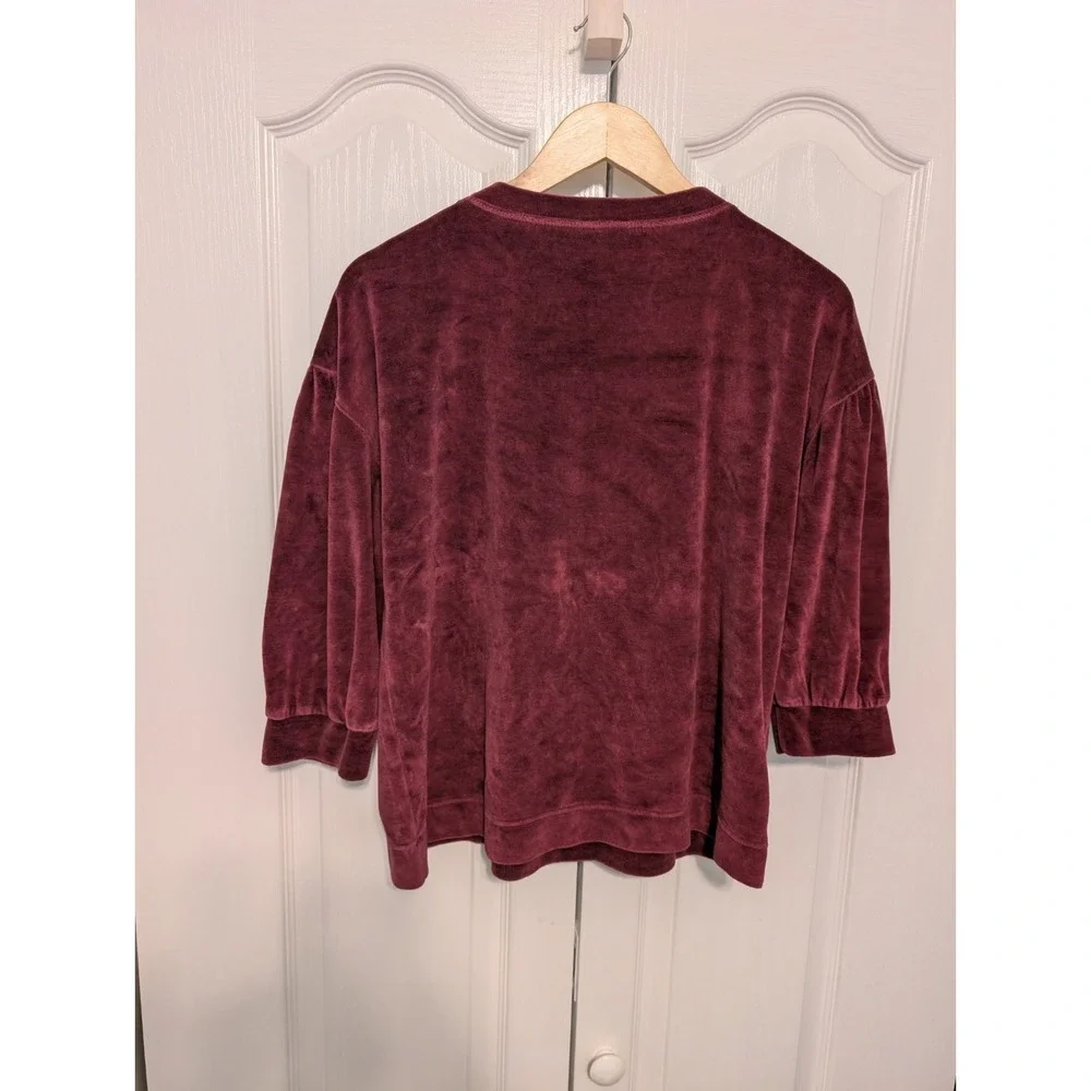 Garnet Hill Red Wine Moonrise Velour Crewneck Pullover 3/4 Sleeve Women Small